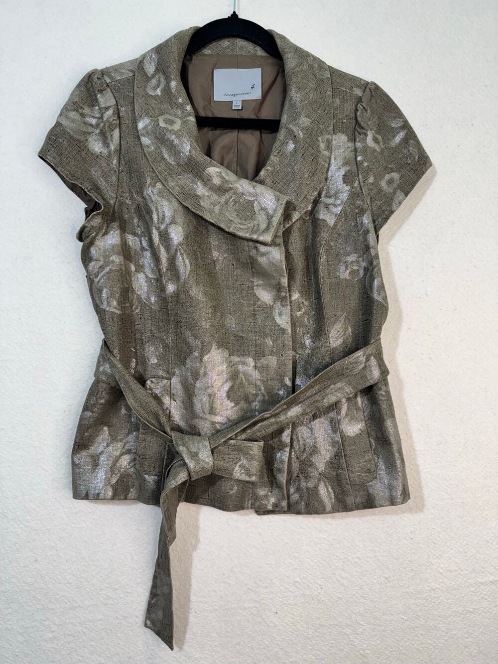 Classiques Entier Cap Sleeve Floral Taupe Linen Belted Blazer Shirt Size Large